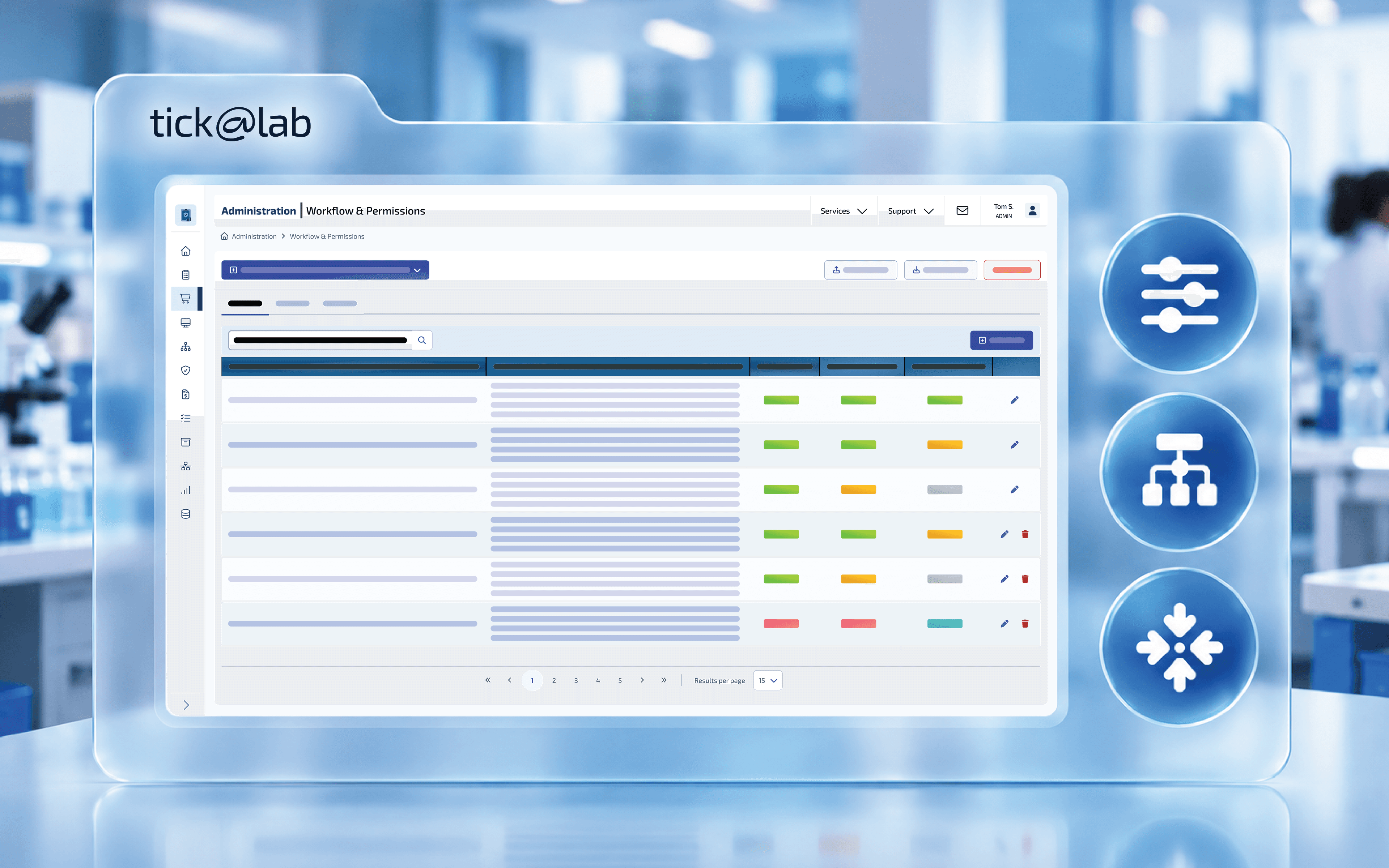 Interface of a laboratory management software (tick@lab) on a screen with icons and blurred lab background.