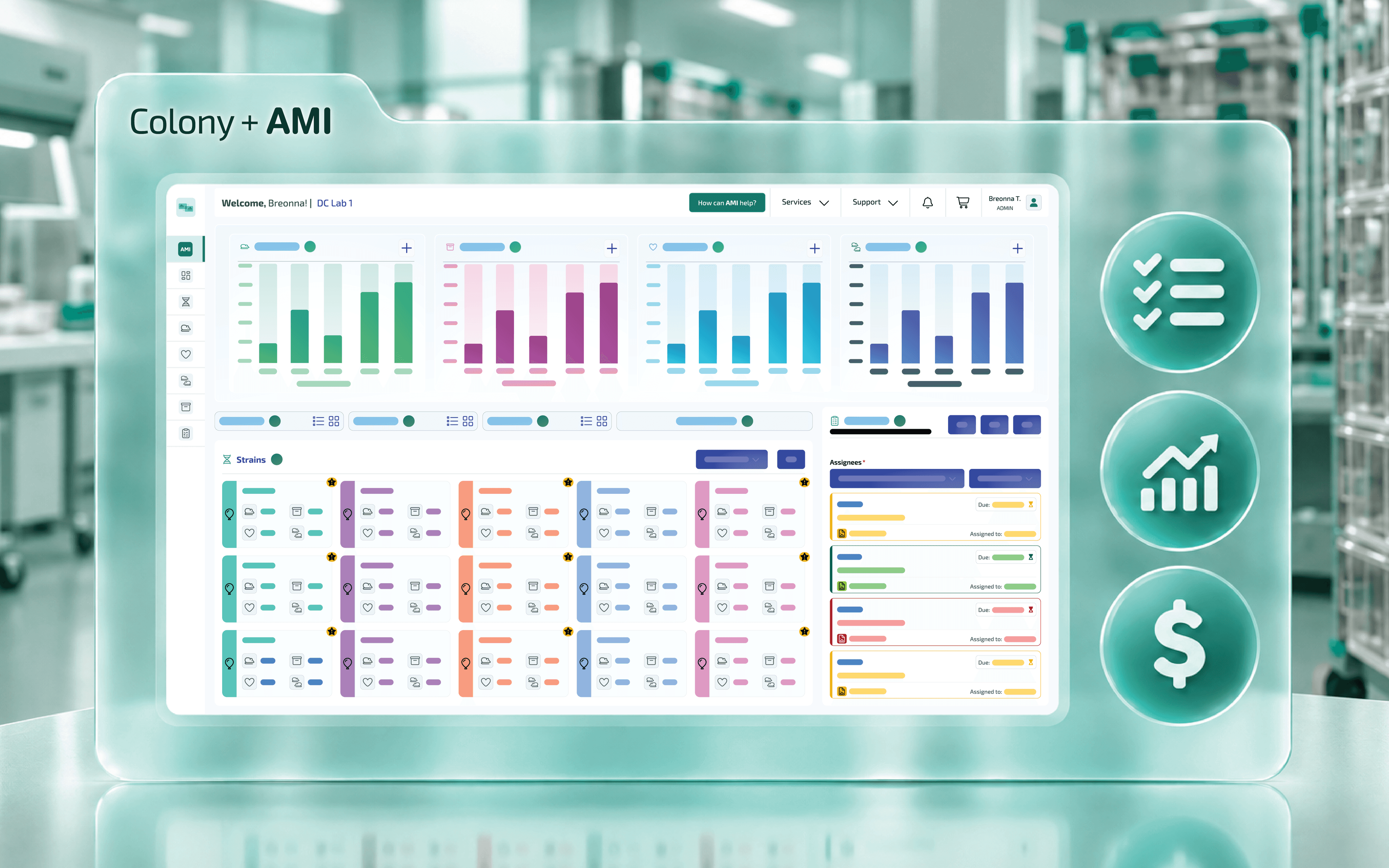 Computer screen displaying a colorful data dashboard with graphs and charts, set in a blurred laboratory environment in a Colony+AMI browser.